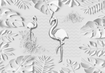 beyaz flamingolar ve yapraklar